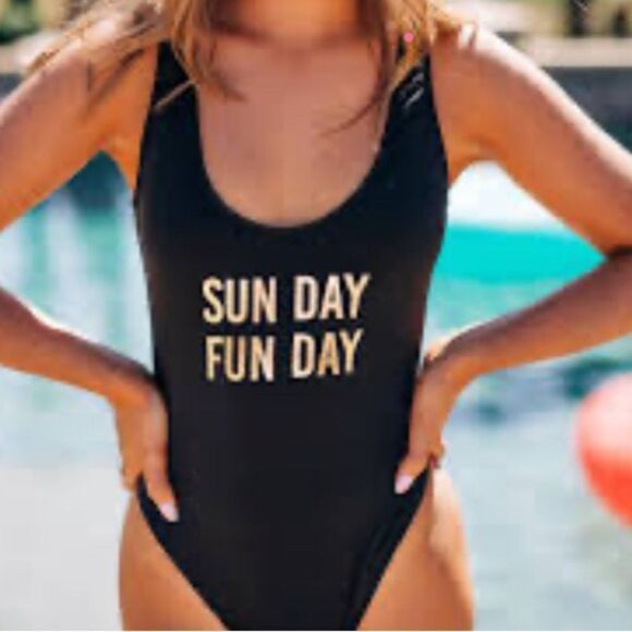 Sun Day Fun Day One Piece Black Tie Back Swimsuit - Picture 1 of 8